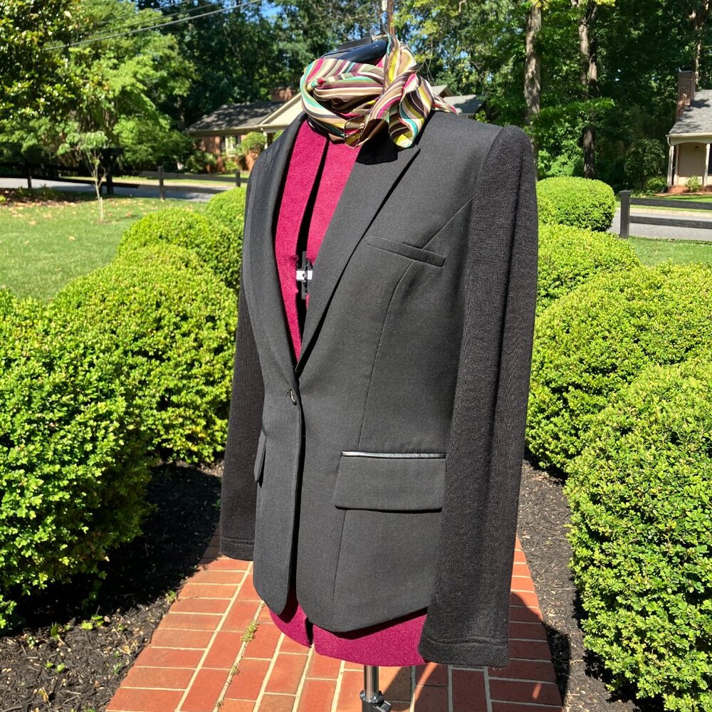Pink Tartan Fitted Black Blazer w Knit sleeves, 'leather' trim US 6